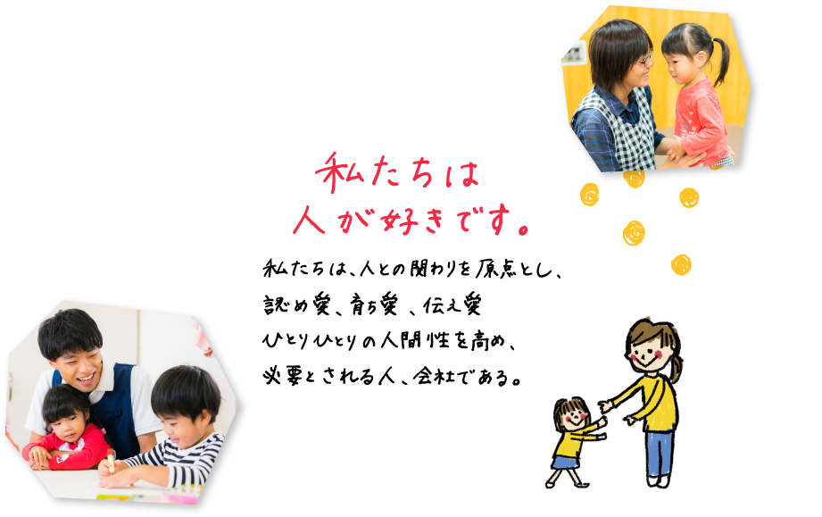 私たちは人が好きです。私達は、人との関わりを原点とし、認め愛、育ち愛、伝え愛ひとりひとりの人間性を高め、必要とされる人、会社である。